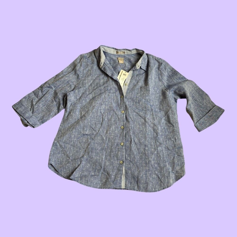 Chico's Linen Shirt Womens 12/14 Blue No-Iron Sustainable Button-Up 3/4 Sleeve